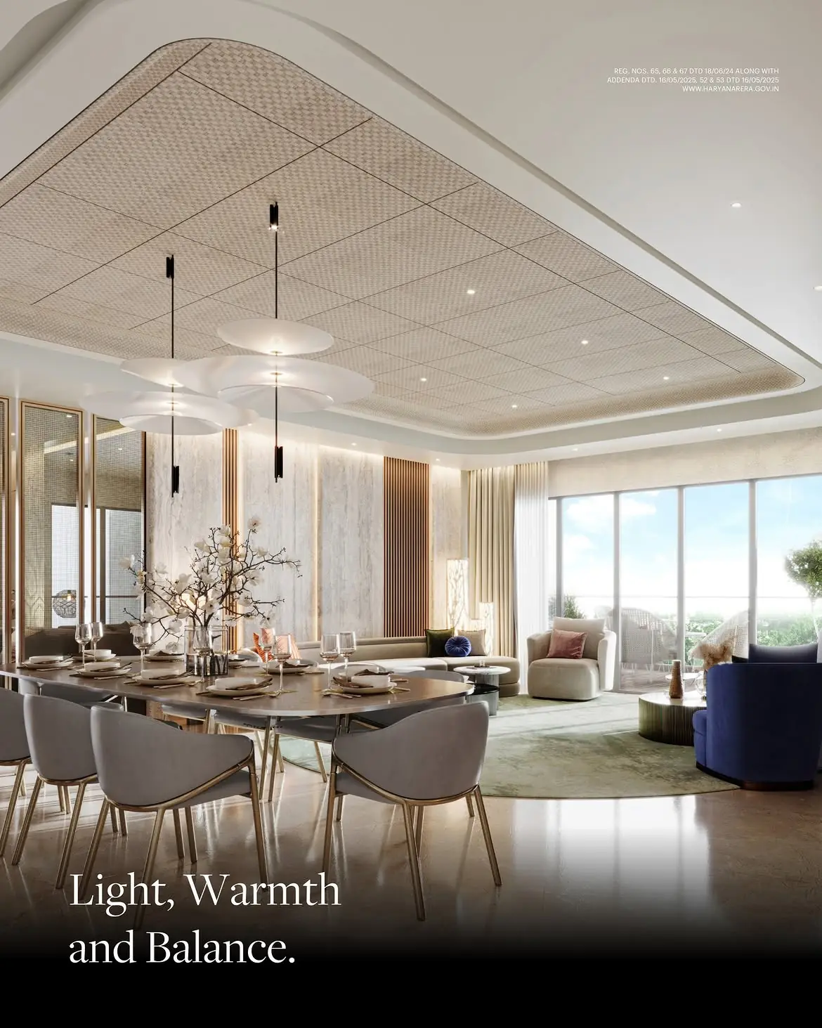 Dining and living room with natural stone and warm wood